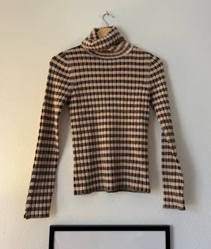 Maeve Cream and Brown Checked Ribbed Turtleneck thumbnail 1
