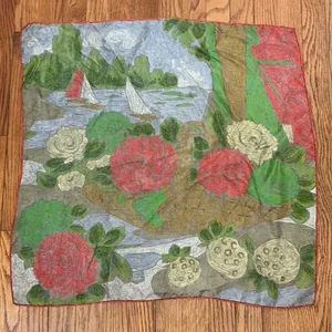 Vintage Impressionist Floral Basket‎ Sailboat Lake Scene Square Scarf Red Green thumbnail 7
