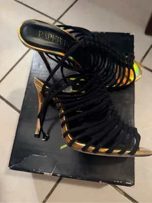 Piper Black Strappy Heels with Iridescent Gold Trim thumbnail 1