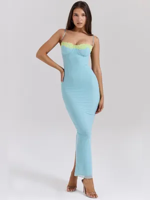 House of CB Aiza Ocean Blue Contrast Lace Maxi Dress L thumbnail 3