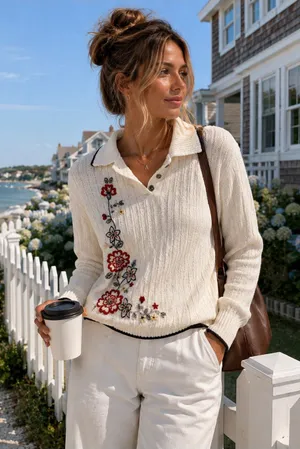 Alfred Dunner Cream Embroidered V-Neck Sweater thumbnail 1