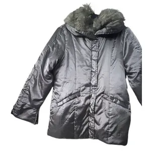 Womens Silver‎ Puffer Jacket Coat Faux Fur Trim Hooded Winter Cabincore Large thumbnail 12