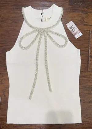 Embellished Bow Halter Tank Top in White thumbnail 1