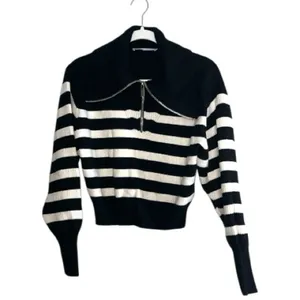 ZARA Striped Half Zip Cropped Sweater Black Cream Size L Knit thumbnail 2
