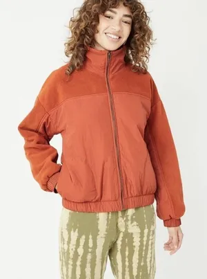 Wild Fable Womens Rust Orange Mixed Media Sherpa‎ Fleece Nylon Full Zip Jacket M thumbnail 1