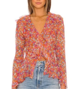 NEW NWT Free People nina printed top in tulip ditsy orange floral bell sleeve thumbnail 1