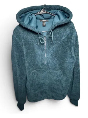Women's Forever 21 Teal Sherpa Fleece Quarter-Zip Hoodie Size L thumbnail 1