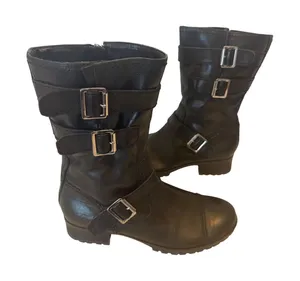 Marc Fisher Womens‎ Black Leather Moto Boots Buckle Strap Mid Calf Cap Toe 9M thumbnail 1