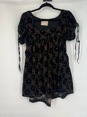 Free People We The Free Black Velvet Floral Babydoll Mini Puff Sleeve Boho Dress thumbnail 2