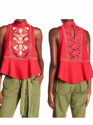 Free People Boho Cottagecore Pineapple Lace Embroidered Flora Swing Tank Top thumbnail 2