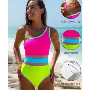 NWT Popvil One Shoulder Neon Mesh One Piece Swimsuit Colorblock Small thumbnail 4