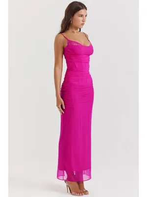 House of CB Nalini Fuchsia Mesh Maxi Dress Ruched Corset M thumbnail 8