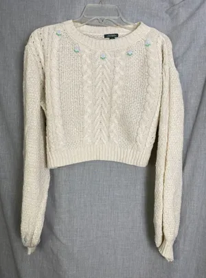 Wild Fable‎ Cream Cable Knit Cropped Sweater Embroidered Floral Cottagecore XS thumbnail 1