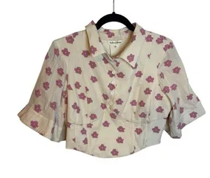 For Love And Lemons Pink Floral Embroidered Puff Sleeve Bodice Top thumbnail 1