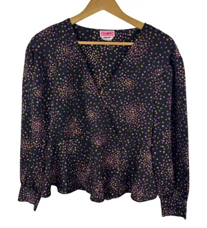 Kate Spade Polka Dot Wrap Blouse‎ Size XS Black Peplum Long Sleeve Preppy Office thumbnail 1