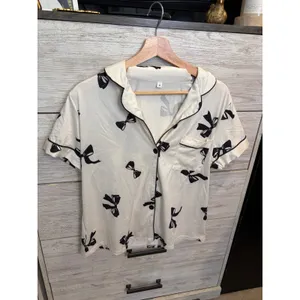 Women Pajama Set Short Sleeve Button Down Shorts Bow Print Cream Black Medium thumbnail 4
