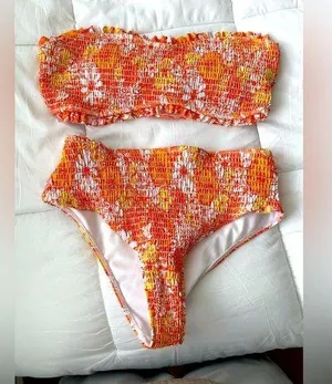 Orange floral ribbed bikini set Size L thumbnail 1