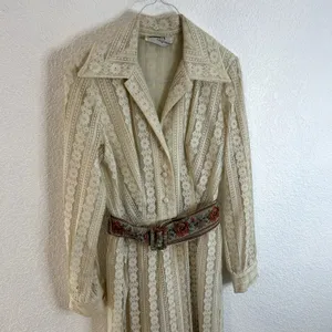 Vtg 70s John California Button Down Lace Dress Maxi Womens Cream Boho Collared thumbnail 7