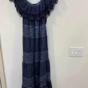 Blue Maxi Dress Large Lace Off Shoulder Boho Cottagecore Romantic Flowy Lace New thumbnail 3