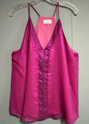 ADRIENNE Fuchsia Two Tone V neckline Racerback Shimmery Loose Fit Blouse Size L thumbnail 1