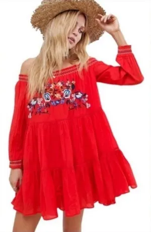 Free People Red Floral Mini Dress Size M (PTP 18.5”) thumbnail 1