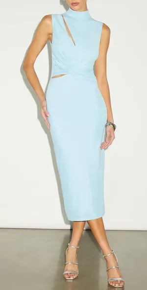 Lulus Kamara Midi Dress Womens XS Light Blue Lined Mesh Cutout Knotted Mock Neck thumbnail 1