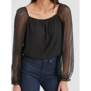 Banana Republic Blouse Black Sheer Puff Sleeve Romantic Victorian‎ Goth Chic S thumbnail 2