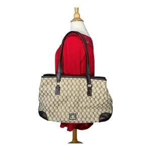 Liz Claiborne Tote Bag Womens Large‎ Beige Brown Monogram Jacquard Satchel Purse thumbnail 3