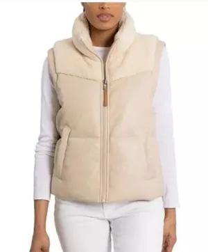 Women's Faux Leather Yoke Sherpa Vest Jacket Cream Pockets XXLARGE NWT thumbnail 1