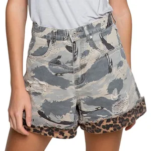 POL Camo Leopard Denim Shorts Size S Distressed Raw Hem Mixed Print Boho Shorts thumbnail 1