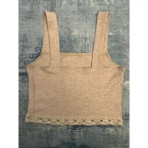 American Eagle Heathered Pink Square Neck Lace Hem Crop Top XS thumbnail 2