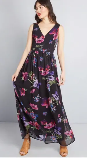 Modcloth "Muster the Length" Maxi Dress Black & Multicolor Floral Size XXS NWT!! thumbnail 1