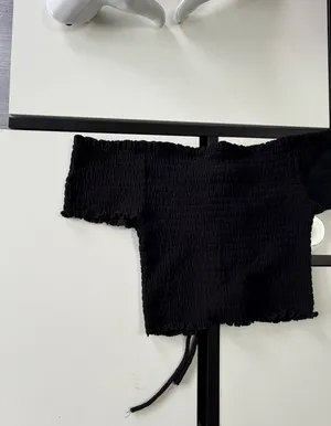 Love Tree Black Smocked Off-the-Shoulder Lace-Up Crop Top - Size M thumbnail 8