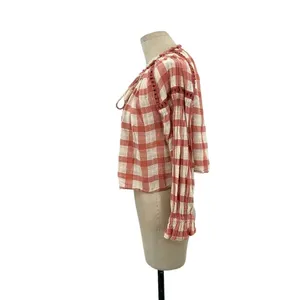 Free People Honey‎ Grove Top Pink Cream Plaid Check Size XS thumbnail 6