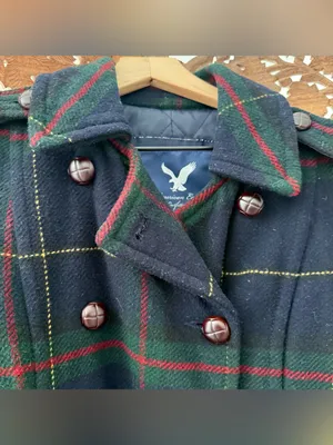 American Eagle Y2K Plaid Belted Wool Peacoat. Navy Green Red thumbnail 2