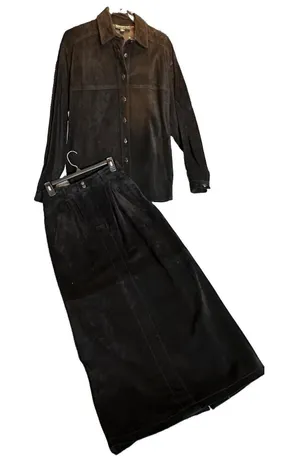 Genuine Leather Suede Black Long Skirt & Button Top Suit Set Matching VTG thumbnail 1
