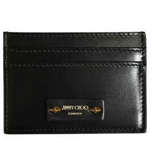 Jimmy Choo Umika Black Leather Card Holder Gold Diamond Studs Italy Designer thumbnail 10
