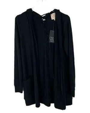 NWT Chaser Long Sleeve Lace Back Hooded Open Cardigan Black Size Medium M NEW thumbnail 1