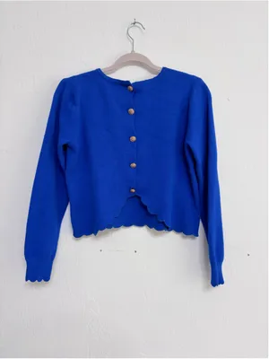 Women's Peace n' love Blue Scalloped Crew Neck Sweater Button S Wool Viscose thumbnail 2