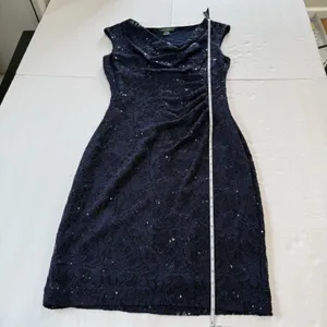 Ralph Lauren Navy Blue Sequin Lace Cowl Neck‎ Sheath Sleeveless Dress Size 10 thumbnail 10