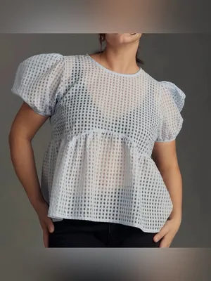 Maeve Anthropologie Babydoll Sheer Light Blue Puff-Sleeve Peplum Top thumbnail 2
