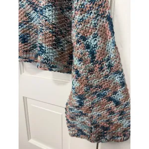 Handmade Chunky Knit Boat Neck Sweater Blue Pink Marled Bell Sleeve Pullover thumbnail 2