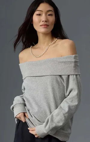 NATION LTD Barbie Off The‎ Shoulder Top Heather Grey Size Large 100% Cotton thumbnail 1
