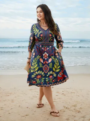 BloomChic Blue Floral Boho Dress V-Neck 3/4 Sleeve Midi Size 10 thumbnail 3