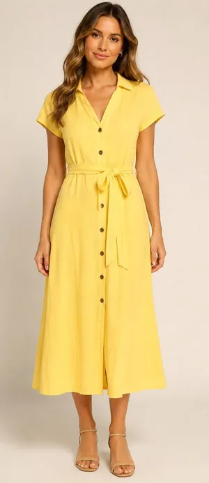 Lulus Yellow Linen Blend Button-Front Belted Midi Shirt Dress XS NWT thumbnail 1