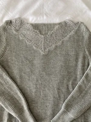 SheIn Grey Ribbed Sweater With Lace Neckline Detail thumbnail 2
