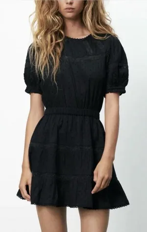Zara Gothic Swiss Dot Black Puff Sleeve Mini Dress Medium thumbnail 1