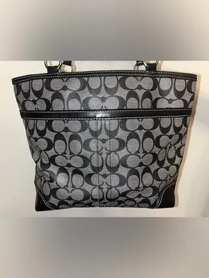 Coach Signature Stripe Tote Black Gray Canvas Leather Shoulder Bag thumbnail 2