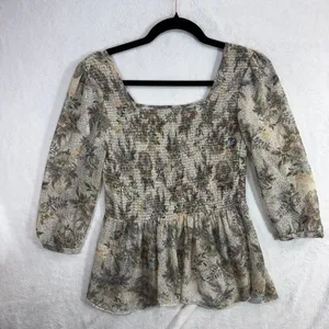 Free People XS Smocked Floral Sheer Peasant Ever After Top Boho Romantic Cottage thumbnail 4