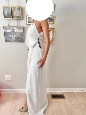 WHITE SEQUIN SLEEVELESS CHAIN CROSS WRAP V NECK DRAPE SPLIT MAXI DRESS thumbnail 4